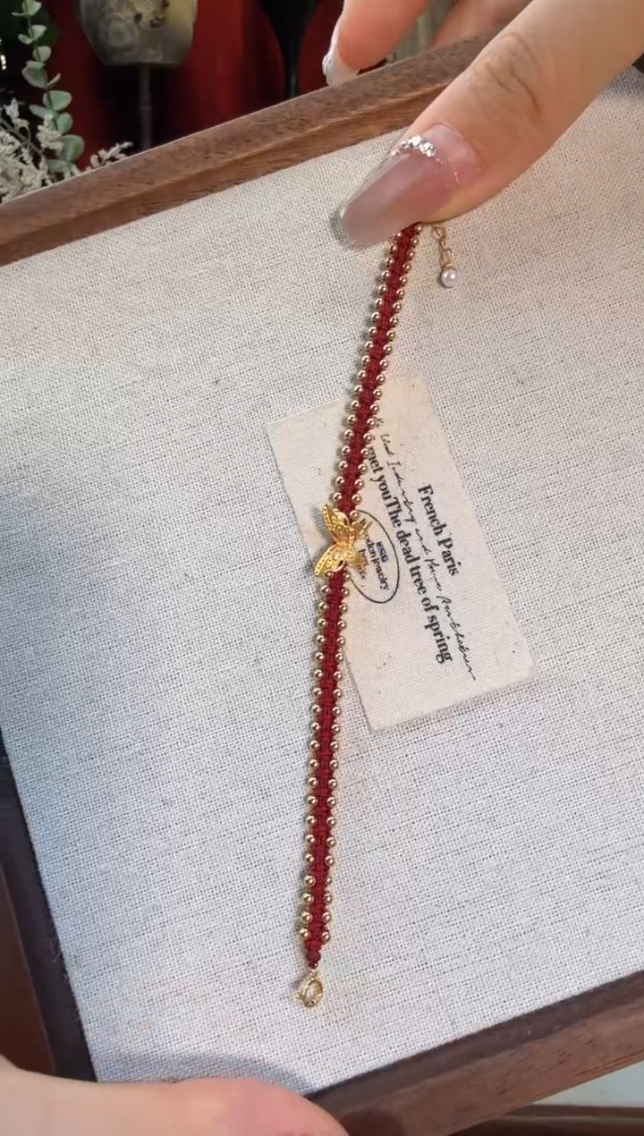 【闪购商品】淡水珍珠手绳18K金镶嵌双排红绳蝴蝶