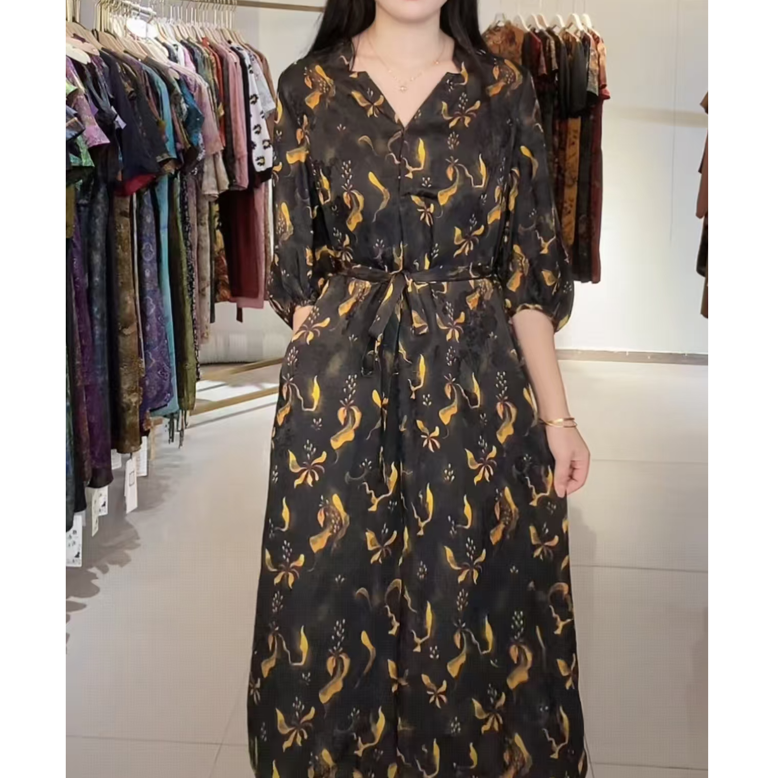 1292织梦裙子妈妈装高贵新款妈妈装洋气收腰过膝法式