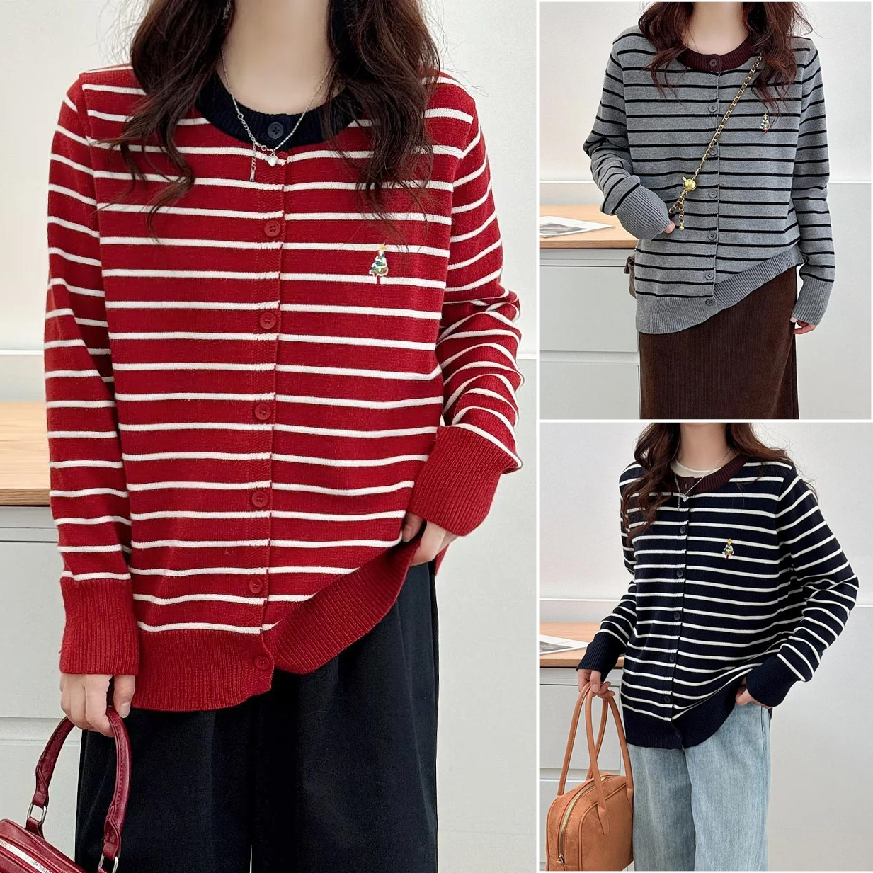 2025女装冬装胖mm新款女上衣条纹大码圣诞树刺绣中年开衫针织衫