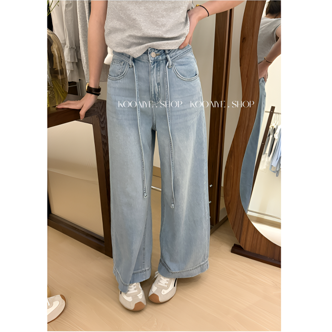 【系带牛仔】春季新款系带高腰阔腿显瘦牛仔裤