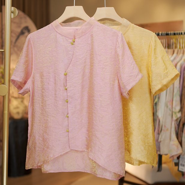 霜月薄纱 夏季透气暗纹织花国风T恤8764