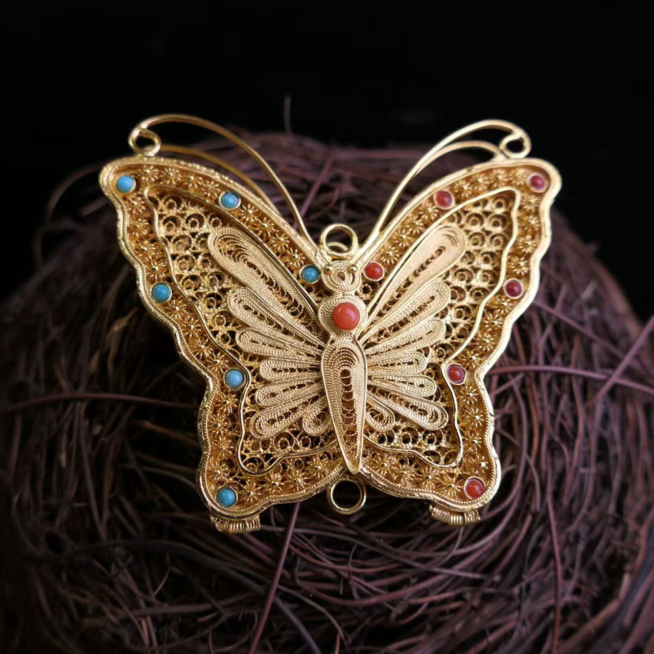 吊坠925银 【福蝶】| （D02）手工花丝款银鎏金蝴蝶珍珠吊坠