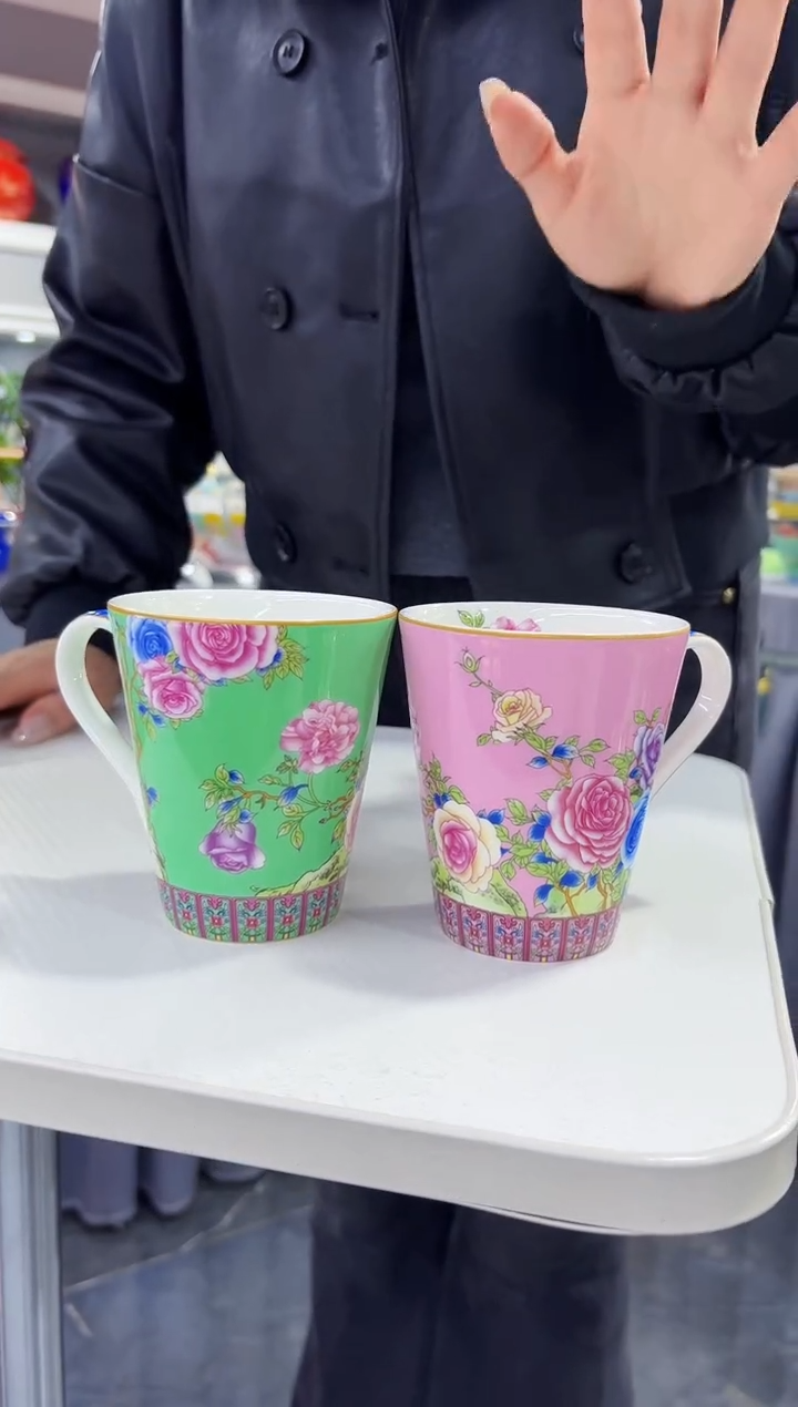 珐琅  牡丹花卉水杯2只装景德镇  