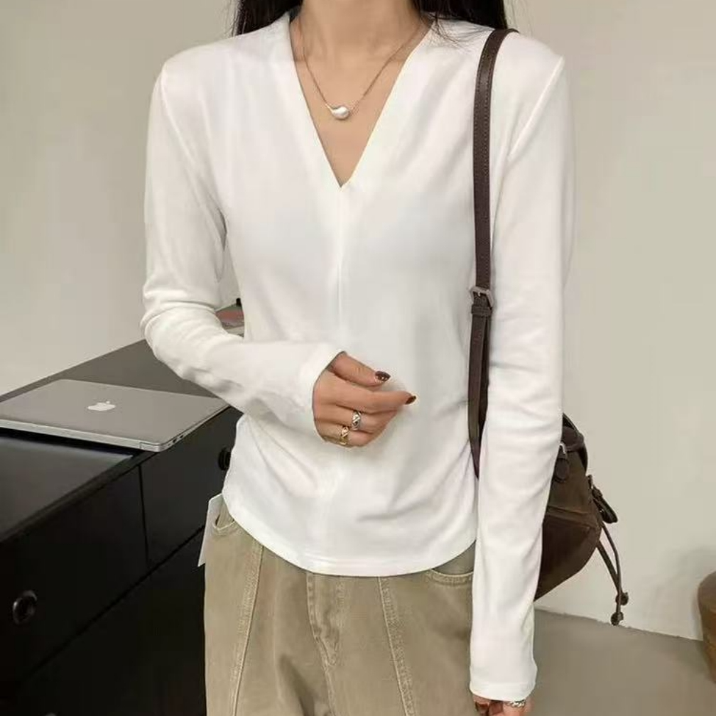 Manmi   抽褶收腰加绒V领打底衫  8970（C4）