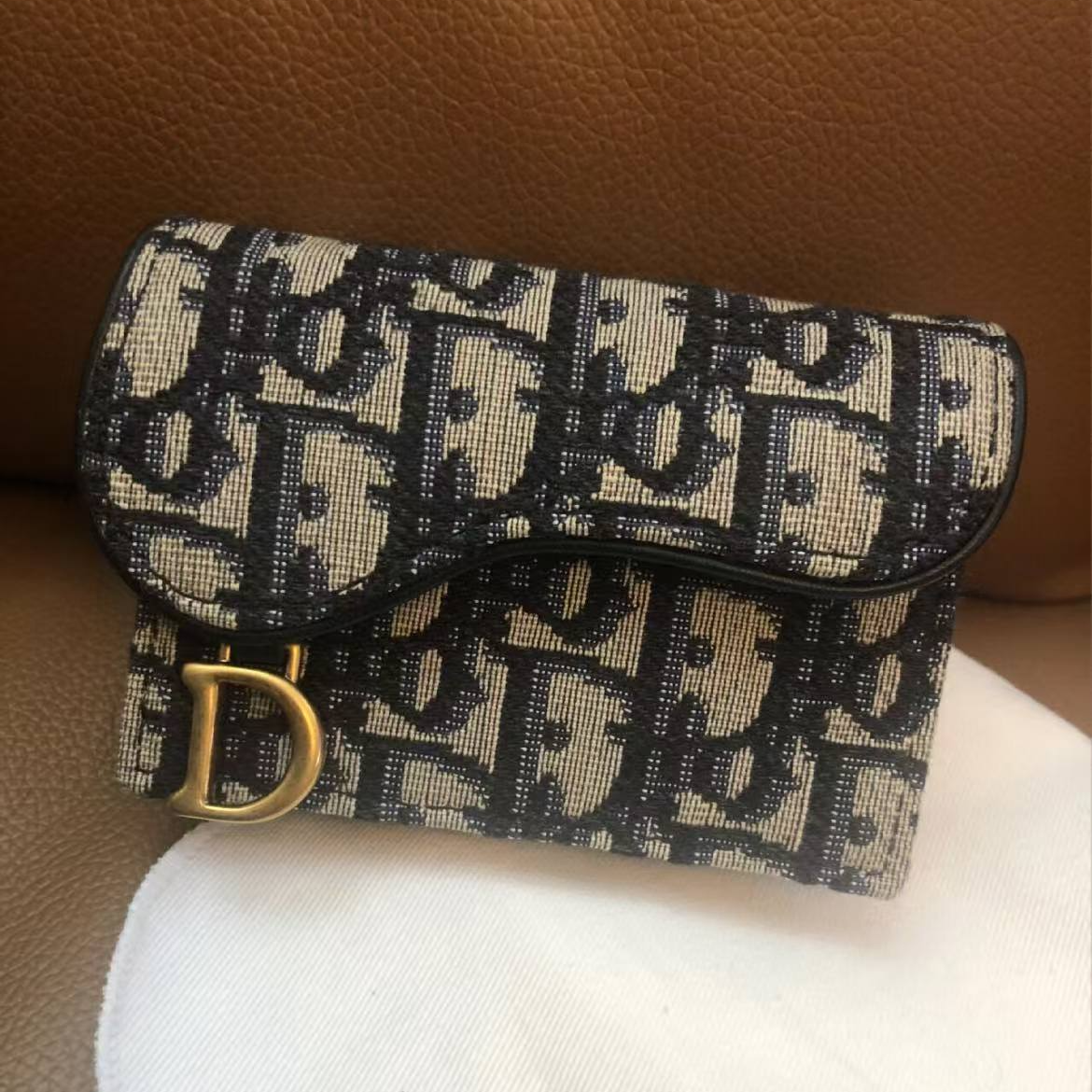 99新 DIOR/迪奥 蔚蓝/老花帆布马鞍短款钱包