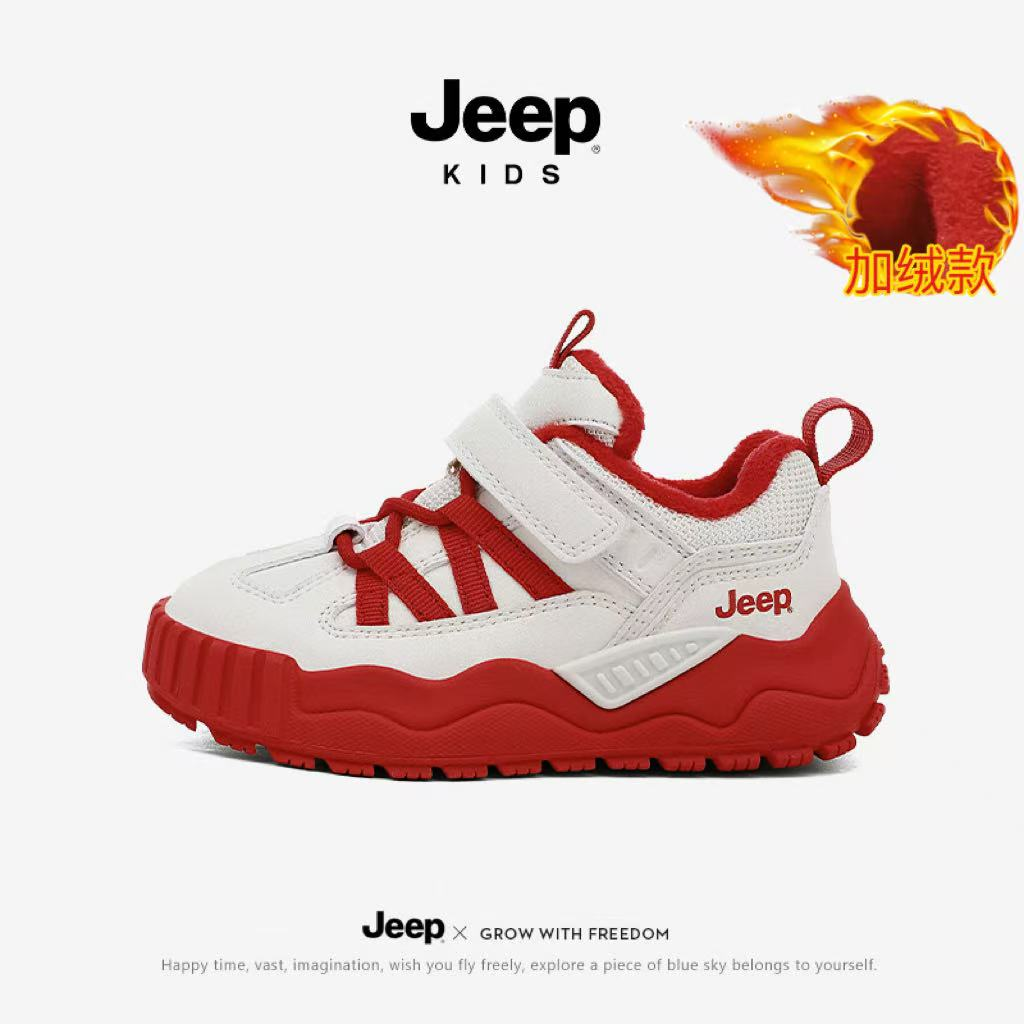 jeep儿童运动鞋冬季加绒防寒男童棉鞋软底防滑耐磨新年红色女童鞋