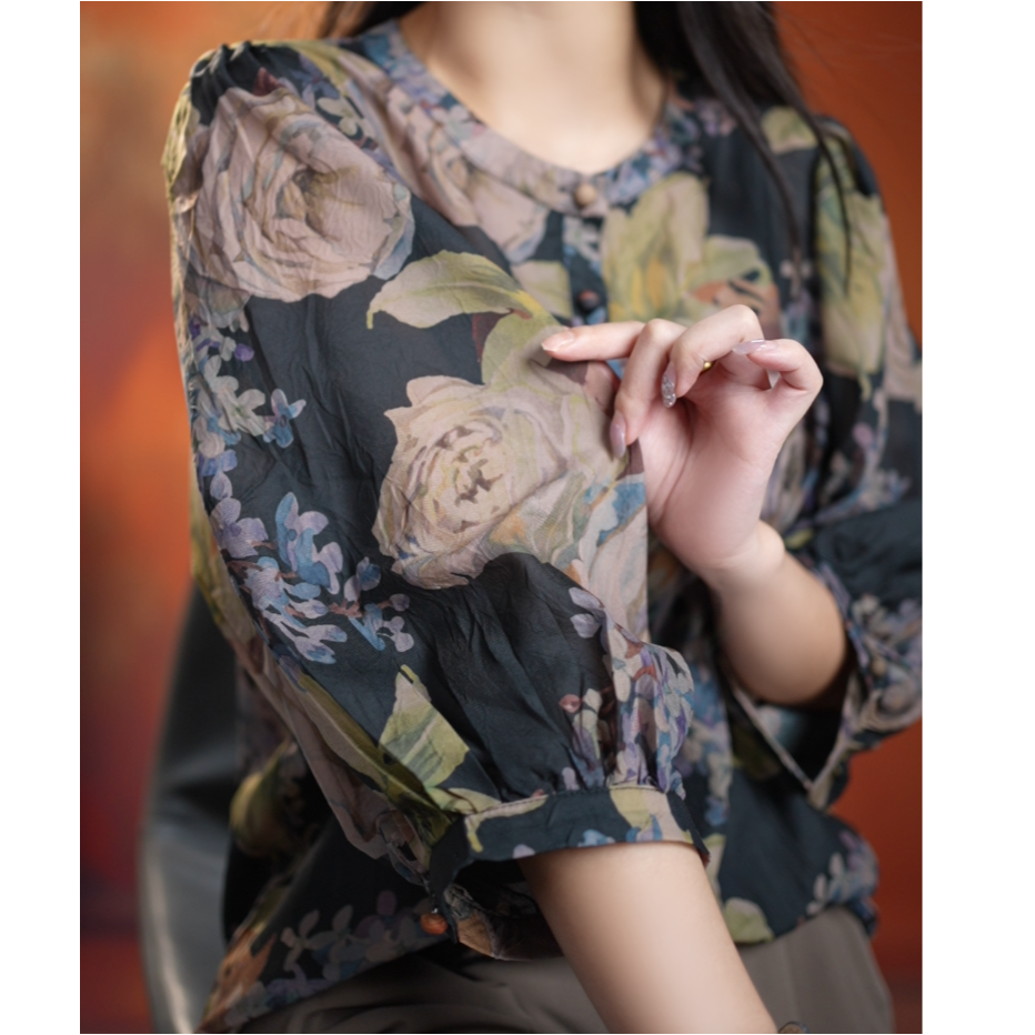 【白玫瑰】6.18-1气质印花时尚洋气舒适感透气上衣女装百搭