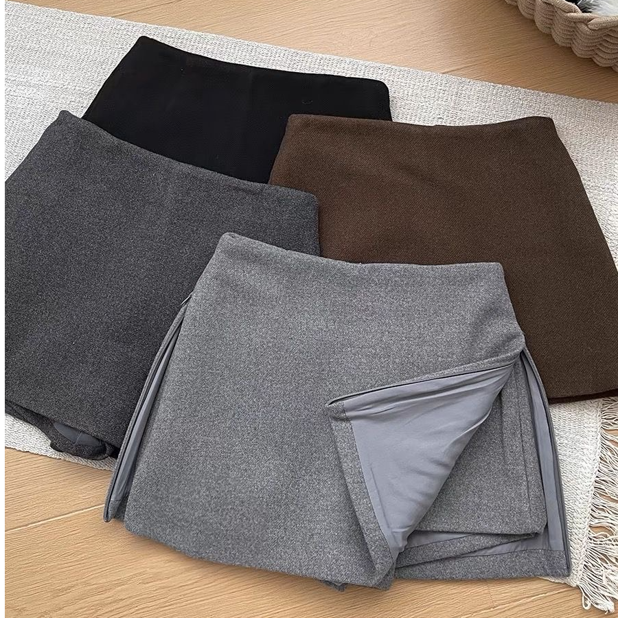 2025冬装新款复古高腰侧边拉链设计简约纯色百搭呢子短款A字裤裙