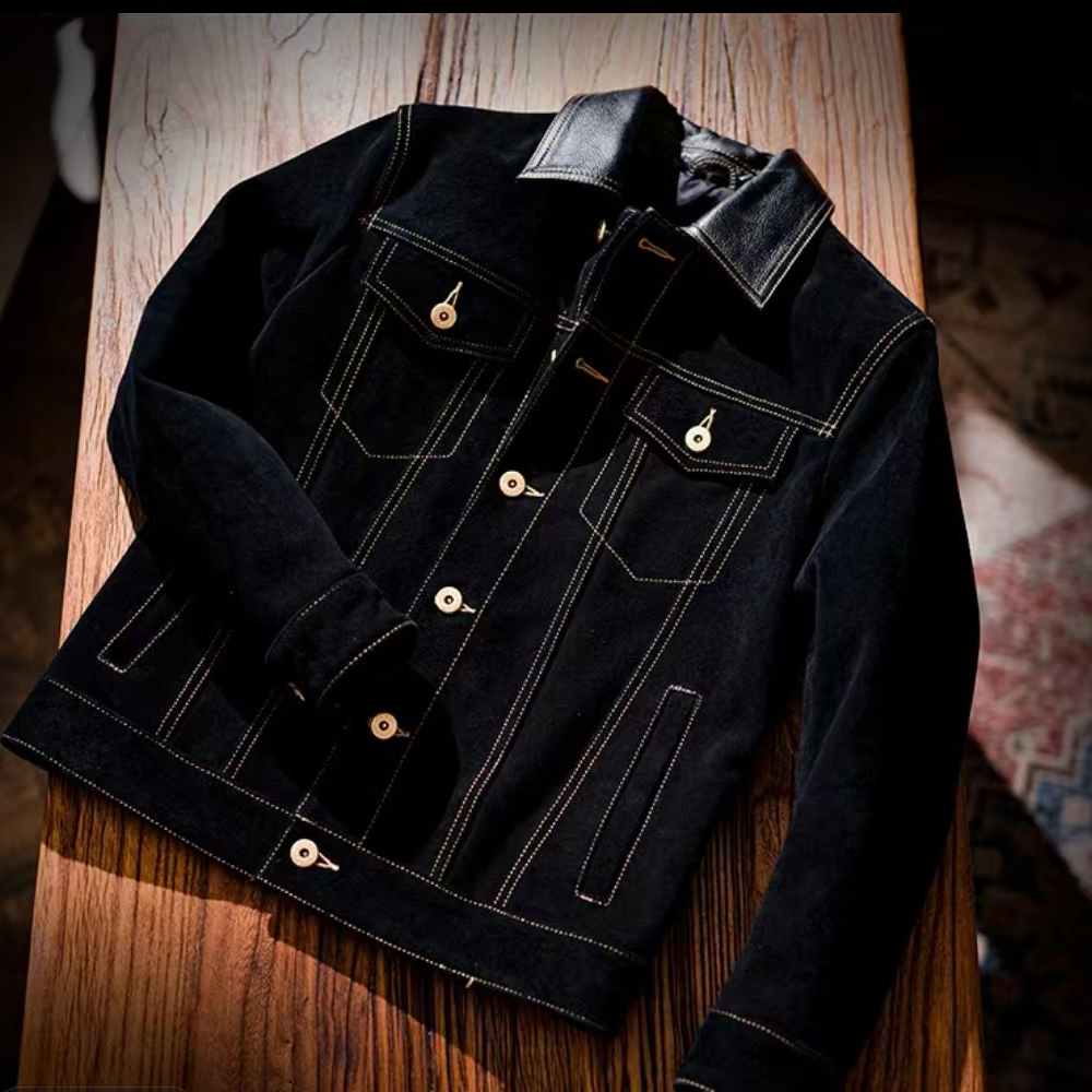 翻毛皮夹克外套男士反绒牛仔外套男士机车真皮皮衣休闲秋冬皮夹克