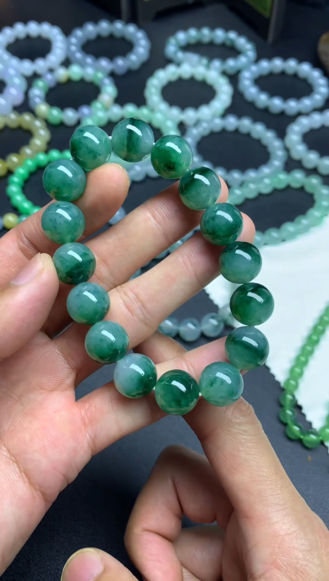 未镶嵌手链翡翠天然翡翠A货绿底绿花手串卡12.8mm