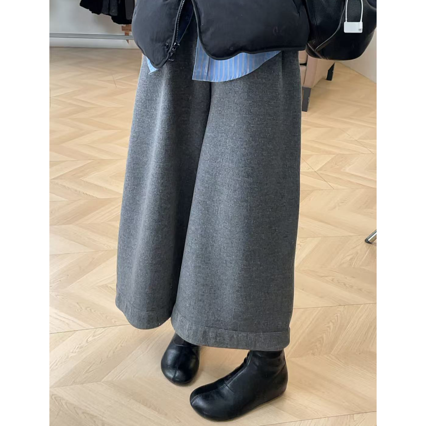 【冬日信笺】毛呢百搭半松紧腰加绒阔腿裤