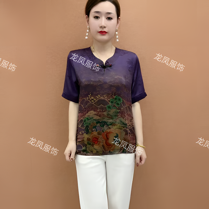 中老年妈妈装民族风时尚国风夏季圆领女士宽松气质上衣