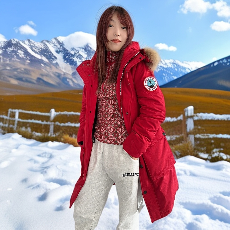 红色休闲女士款大衣连帽时尚运动毛领冬季羽绒服厚风衣