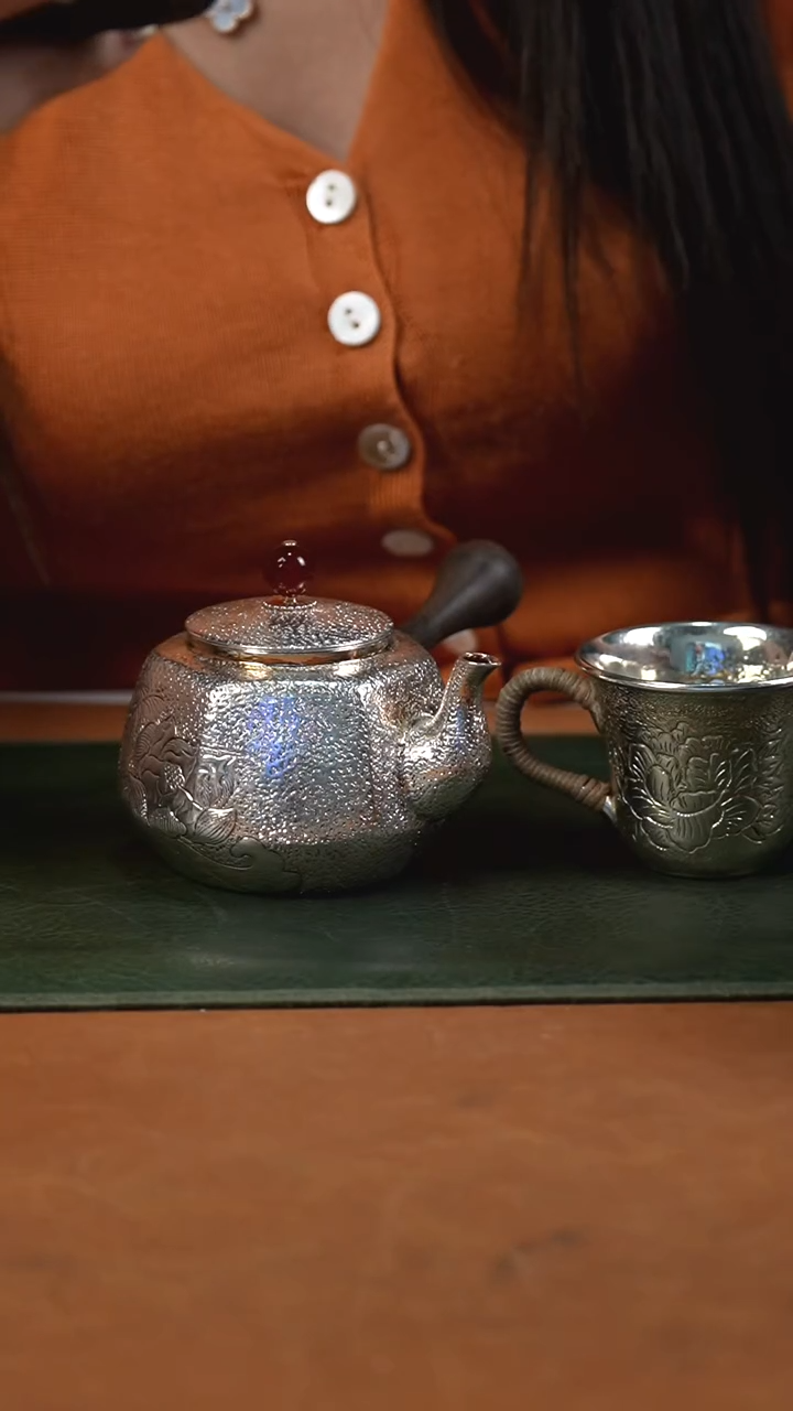 新品手工牡丹侧把银壶+牡丹杯