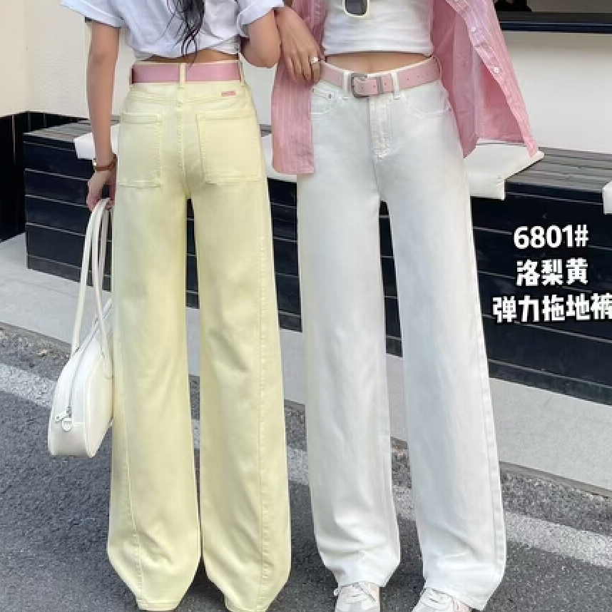 红娃6801浅色系阔腿弹力25年春款高腰显瘦阔拖地棉牛仔裤白色服饰