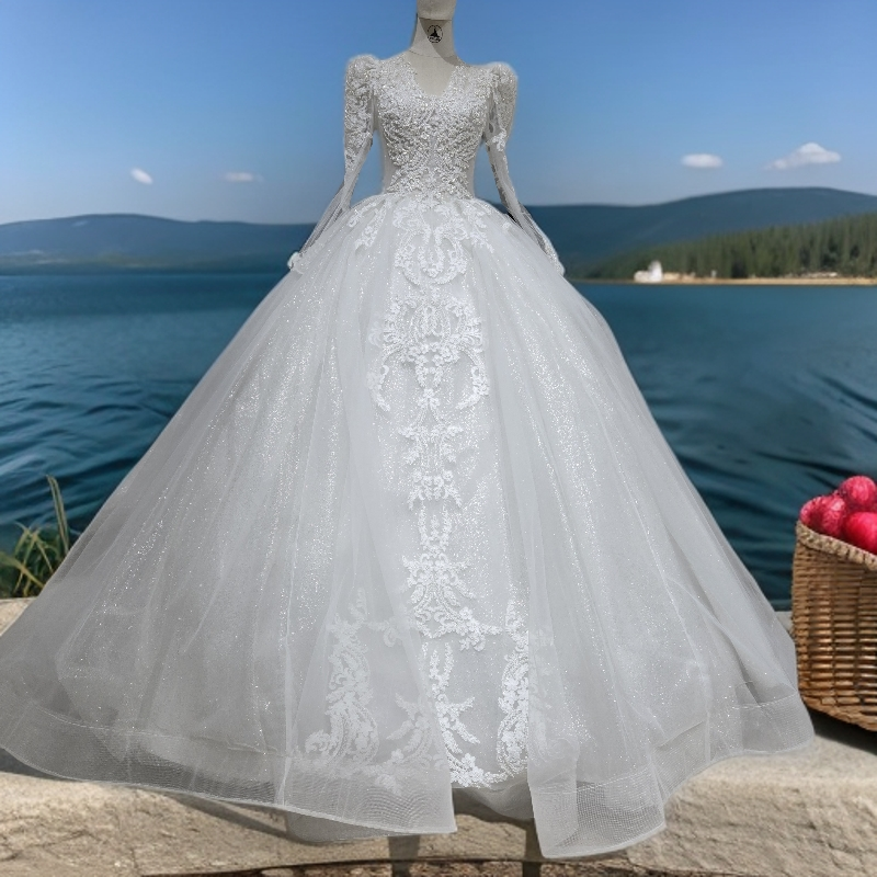 主纱蕾丝结婚圆领型长袖宫廷礼服裙婚纱高腰