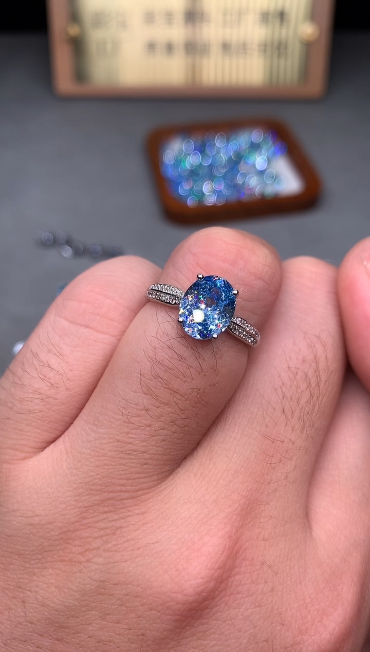 银S925镶嵌戒指海蓝宝石22222