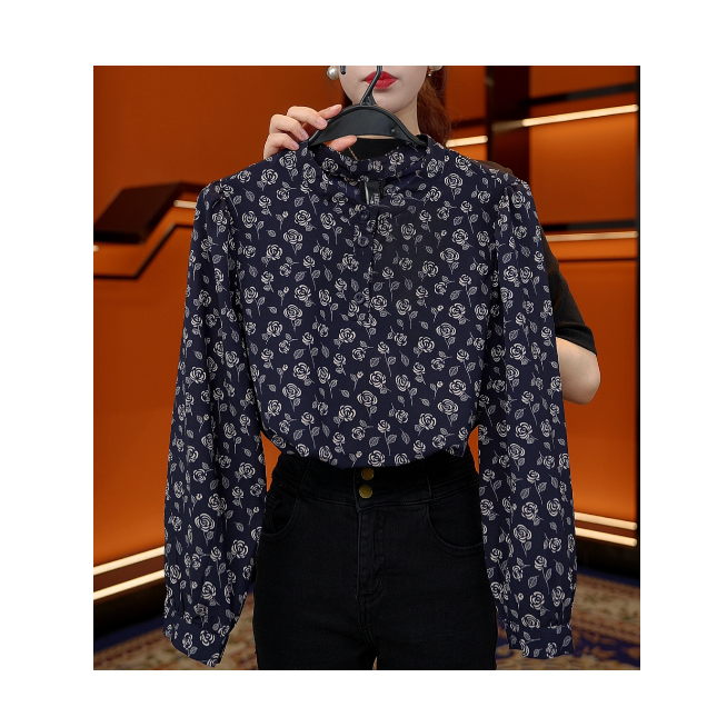 杭州原版正品2025秋季新款时尚圆领小衫气质减龄深海蓝洋气衬衫