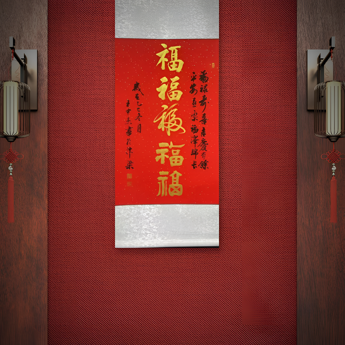 书法作品《五福》竖版卷轴手绘书法挂墙大气装饰110*45