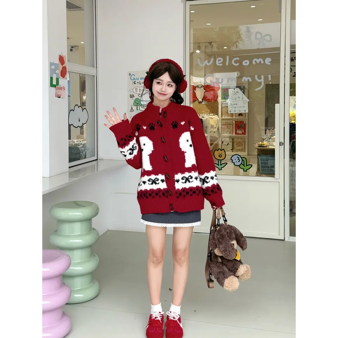 圣诞氛围提花狗针织女慵懒风小狗毛针织衫针织衫宽松撞色开衫红色