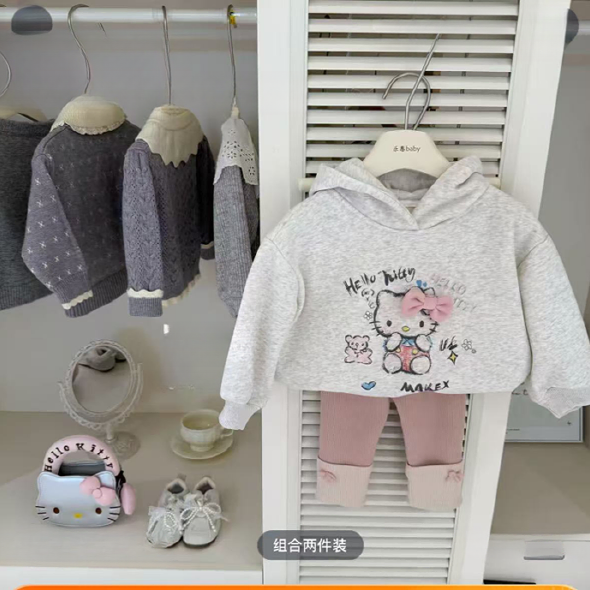 秋冬女卡通风韩版秋季套头套装卡通加绒连帽卫衣带帽