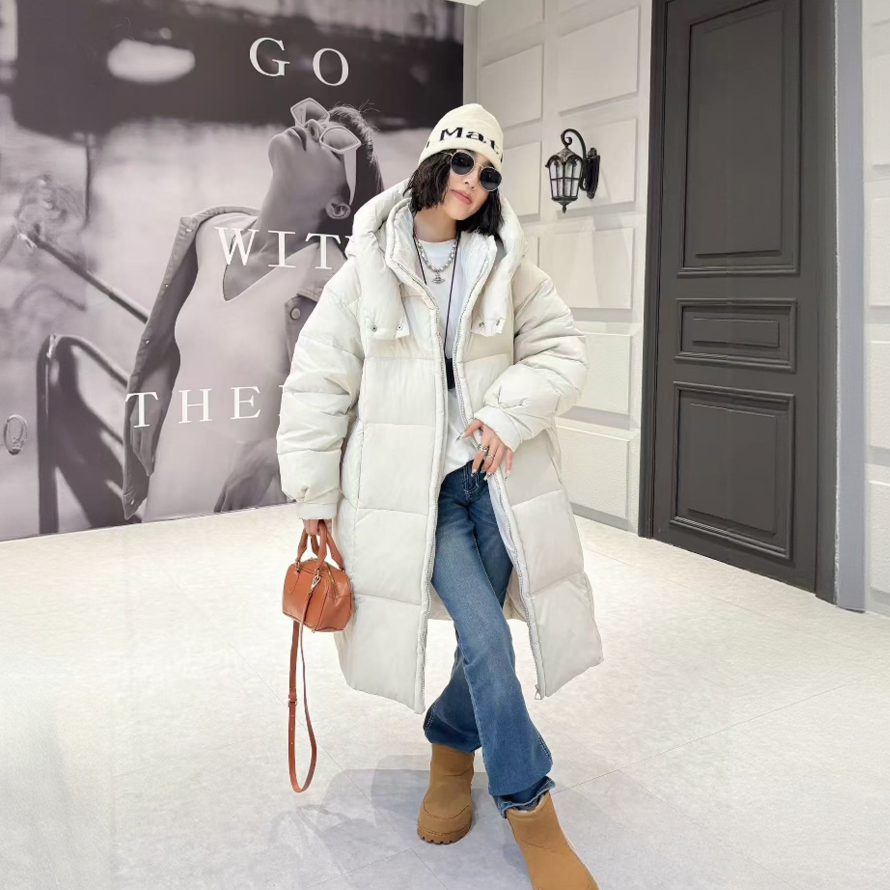 XPP特体大码300斤羽绒服长款保暖百搭纯色连帽过膝中长款女款8079