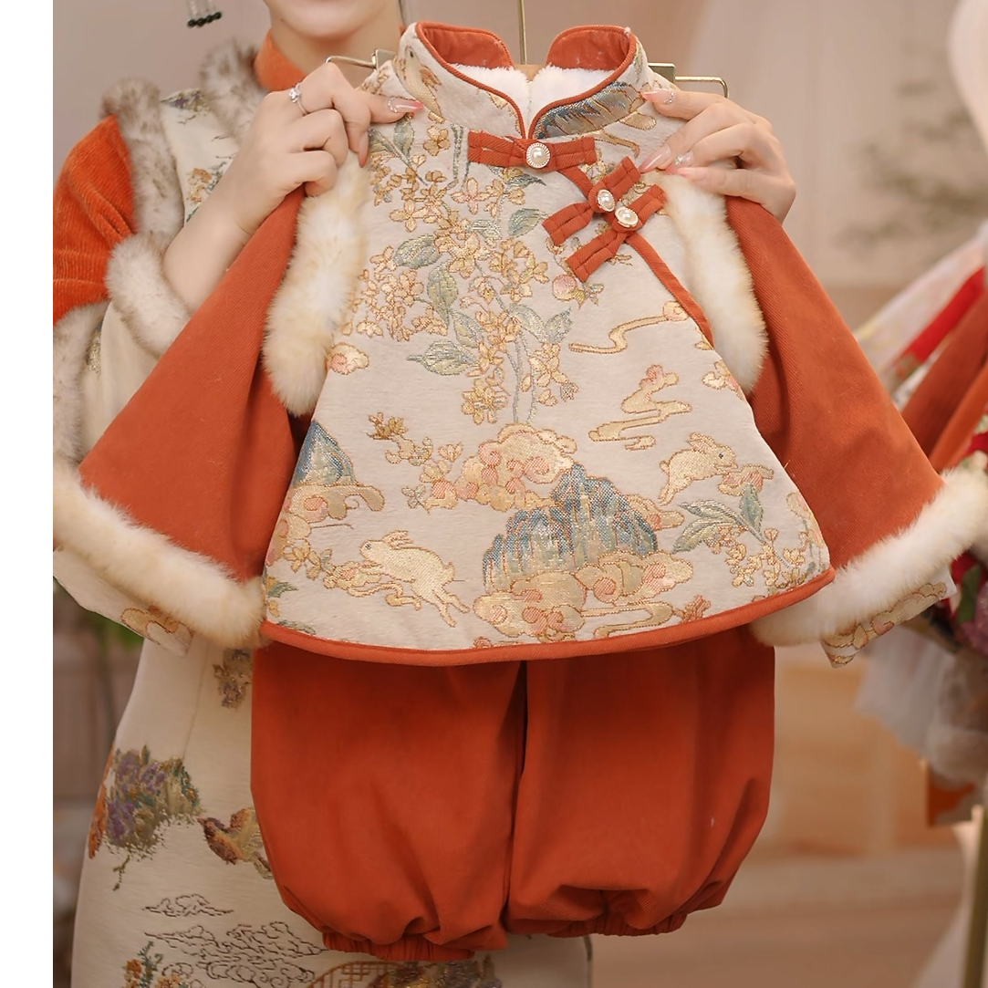 现货 [玉兔]女童男童冬季加绒套装GF011加厚国风拜年服冬周岁礼服