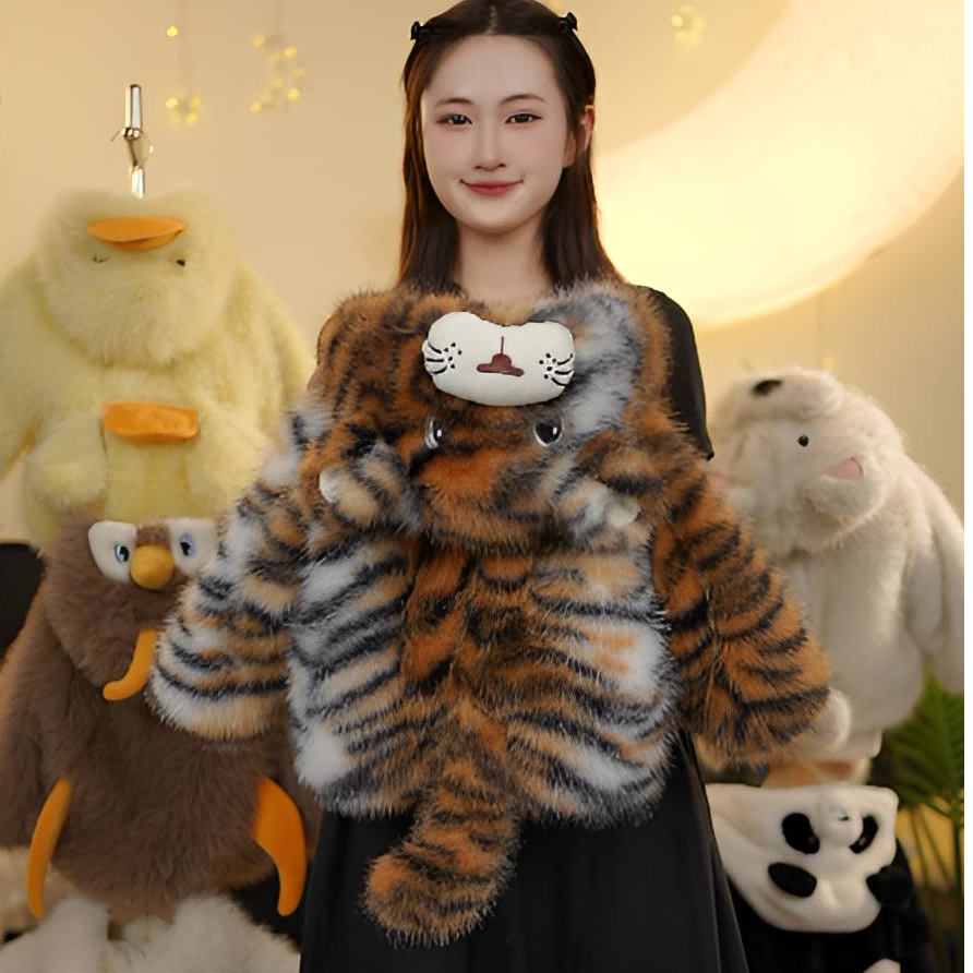 MES亲子儿童冬款毛绒毛茸茸萌宝小老虎草草冬季保暖短款加厚外套