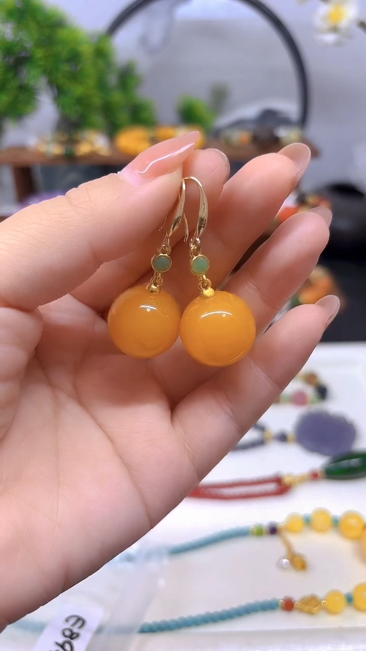 蜜蜡14K金镶嵌耳饰E893