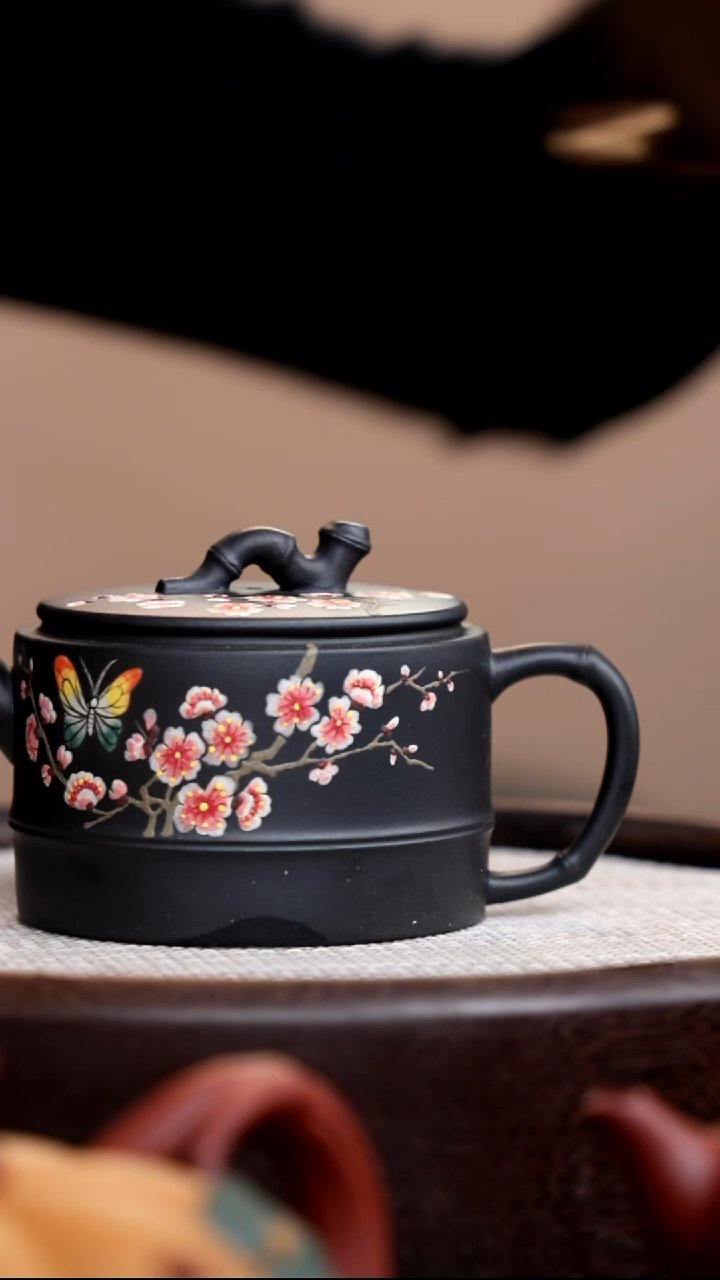 茶壶紫砂云雾天青竹节汉瓦泥绘蝶恋花