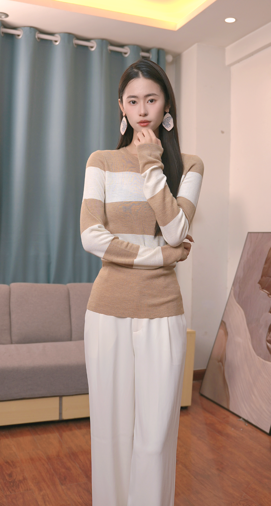 精纺羊毛衫条纹女士澳洲美丽诺羊毛圆领针织衫