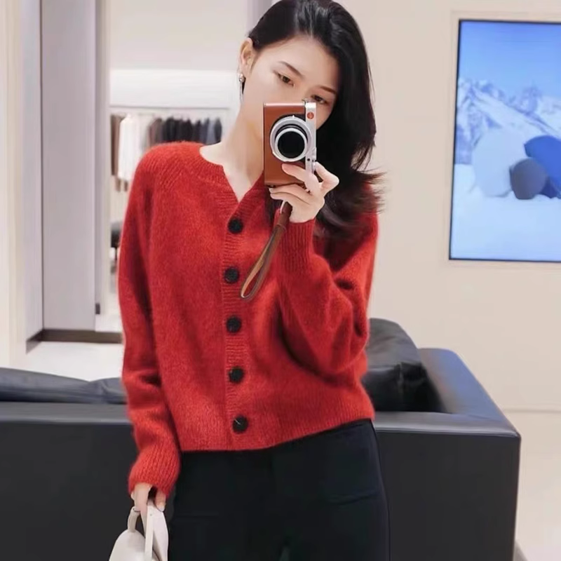 【100%山羊绒】三股加厚花纱针织开衫外套女