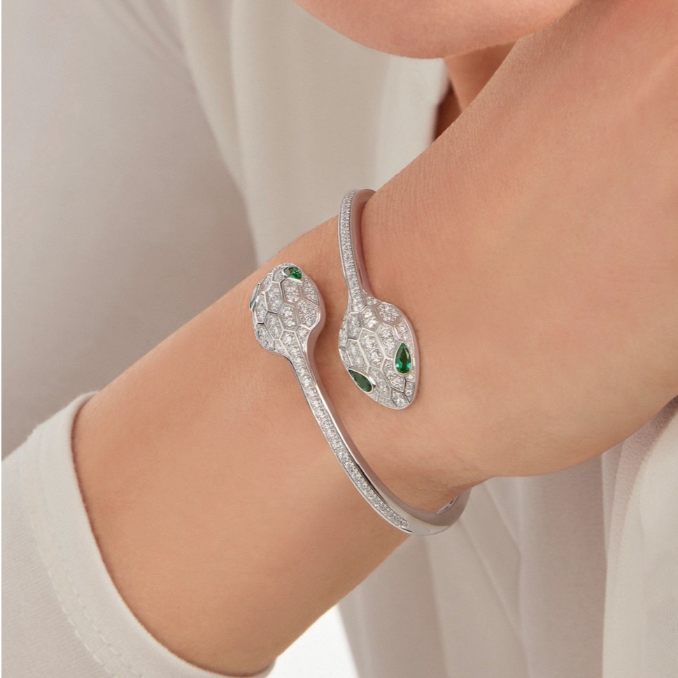 99新 BVLGARI/宝格丽 大头活动 白金鎏光双蛇头 满钻开口手镯 S码