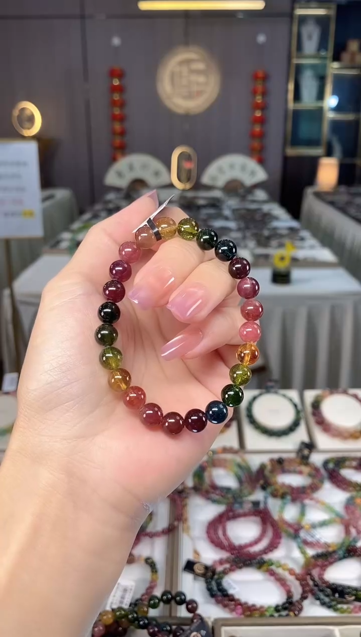 未镶嵌冰透体老矿碧玺彩虹单圈手串7mm+碧玺多样性发货一条hon