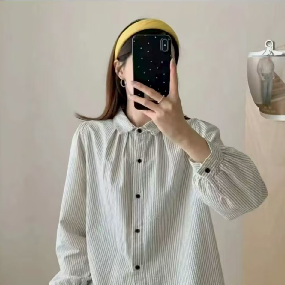 秋季竖条纹长袖休闲秋季复古港风女衬衫气质条纹宽松