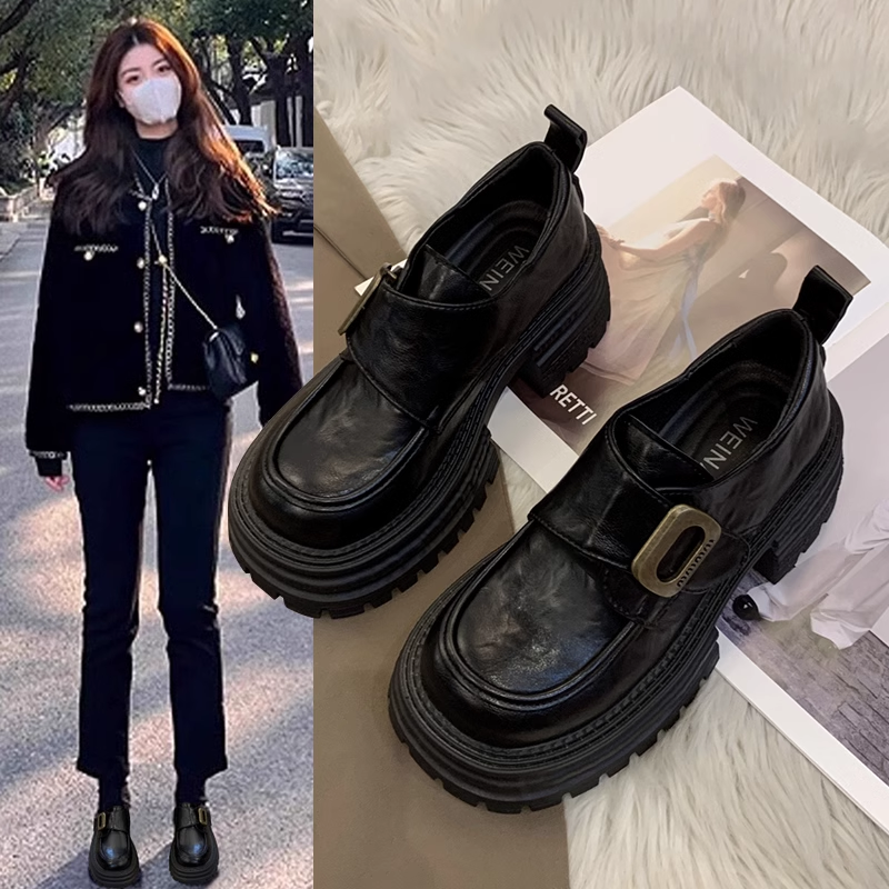 【断码清货】小皮鞋女秋冬一脚蹬女鞋黑色单鞋百搭厚底粗跟乐福鞋