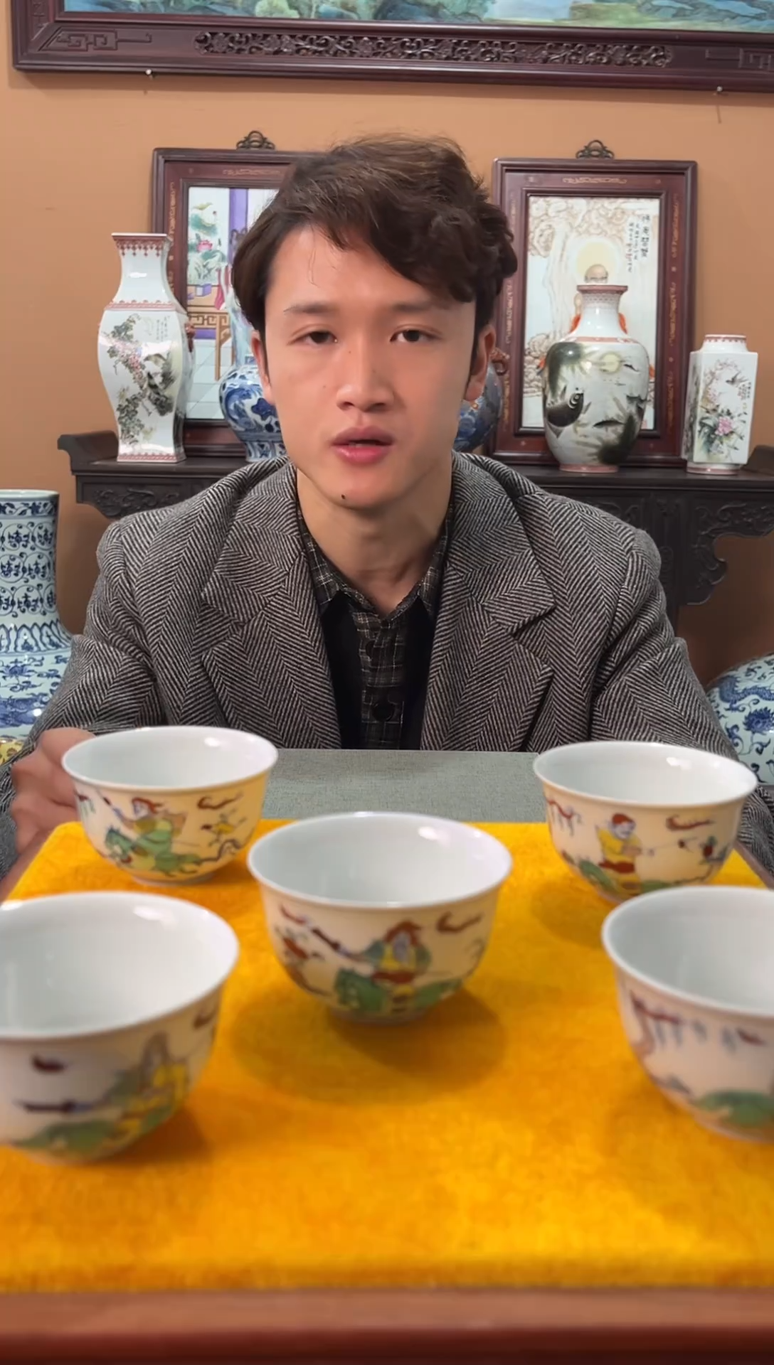 杯子瓷斗彩五虎上将缸杯一套