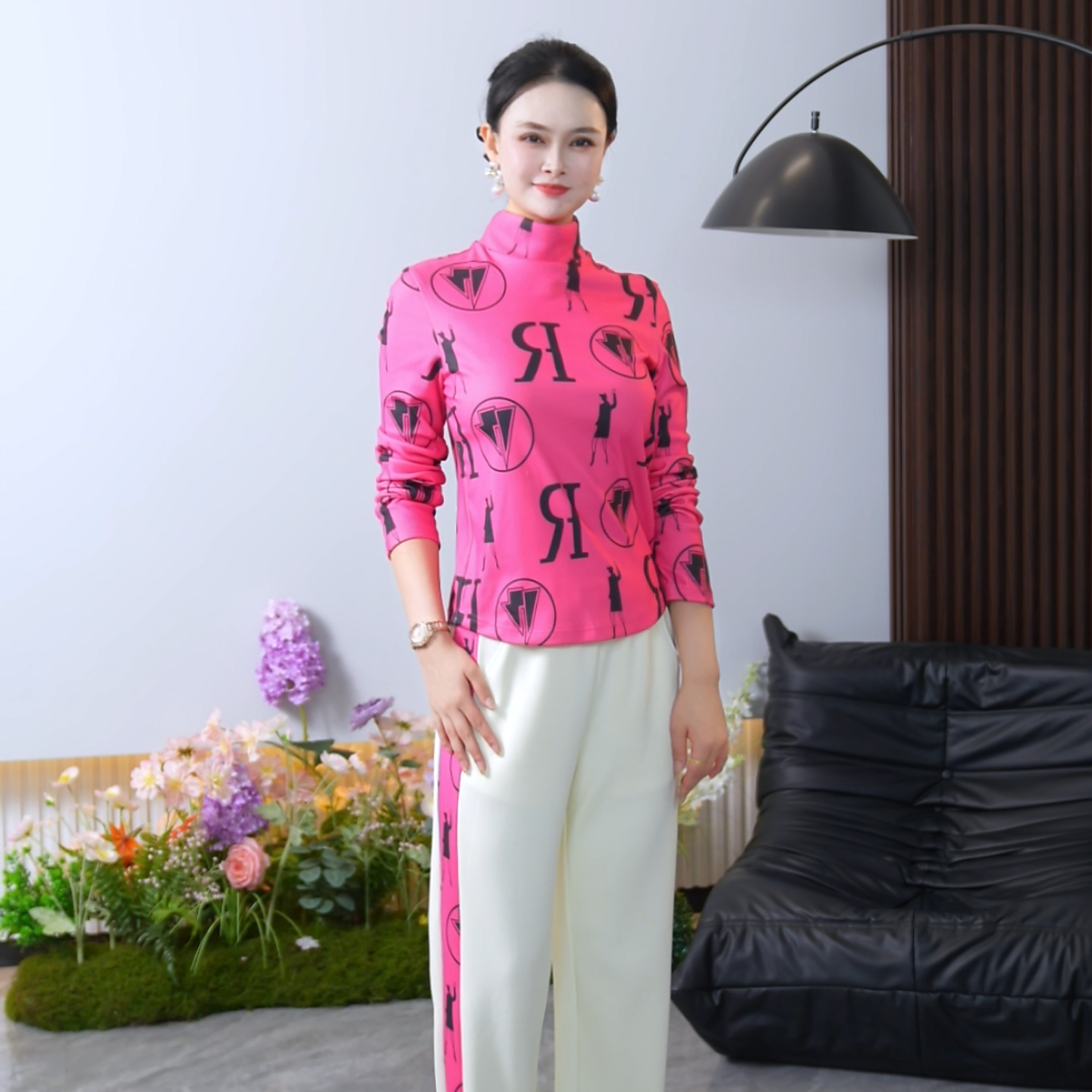 【花姐】简约玫粉字母休闲显瘦大气气质减龄长袖休闲套装2537041