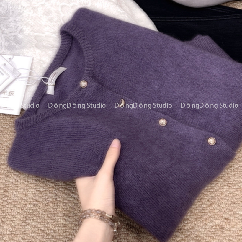 秋冬新品【皇家紫】圆领纯色宽松长袖针织开衫保暖毛衣外套 7203