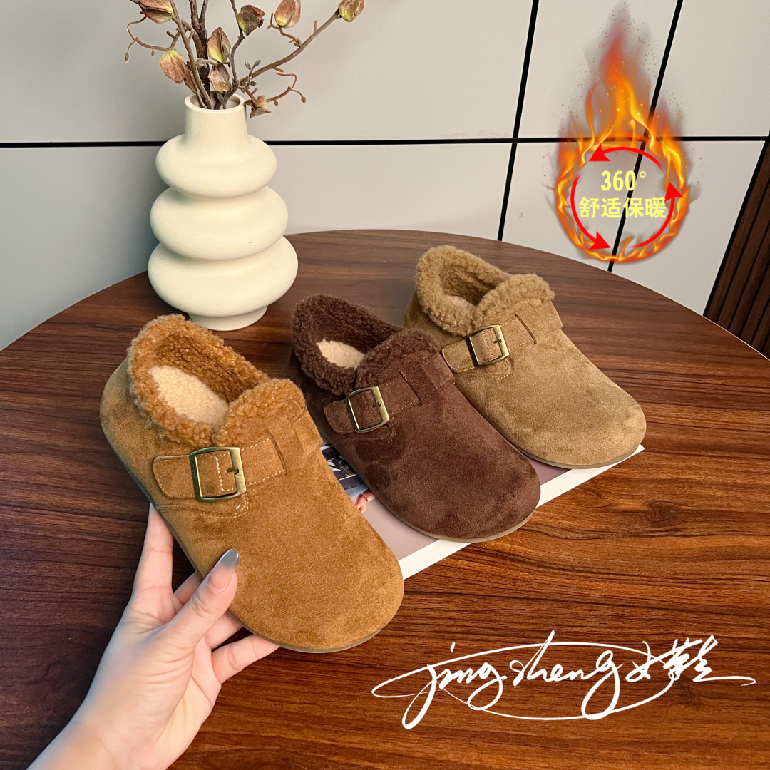 勃肯豆豆鞋女冬季新款软底休闲风加绒时尚休闲一脚蹬毛绒平底女鞋