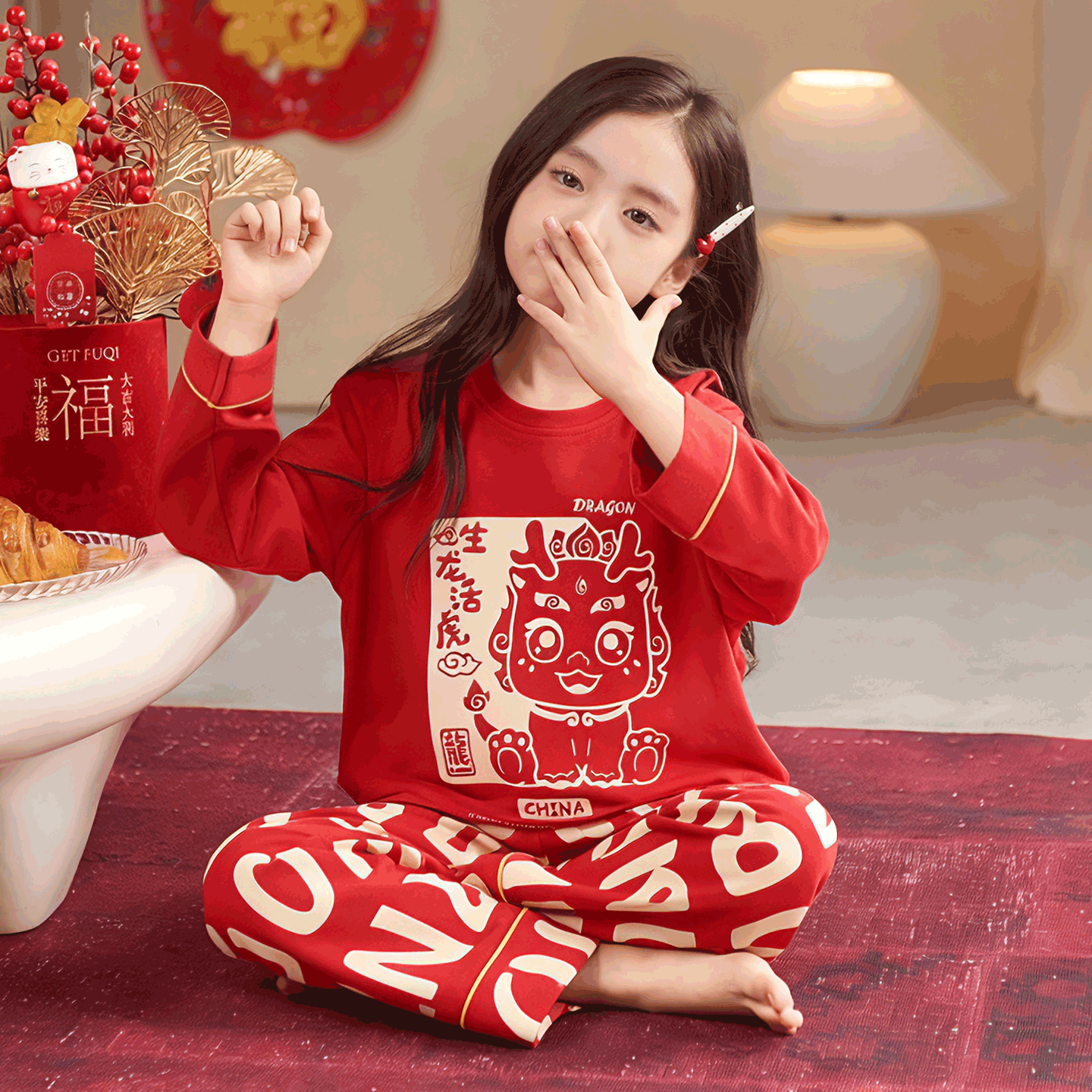 bejirog/北极绒女童新春款纯棉圆领睡衣中大童休闲可外穿长袖套装