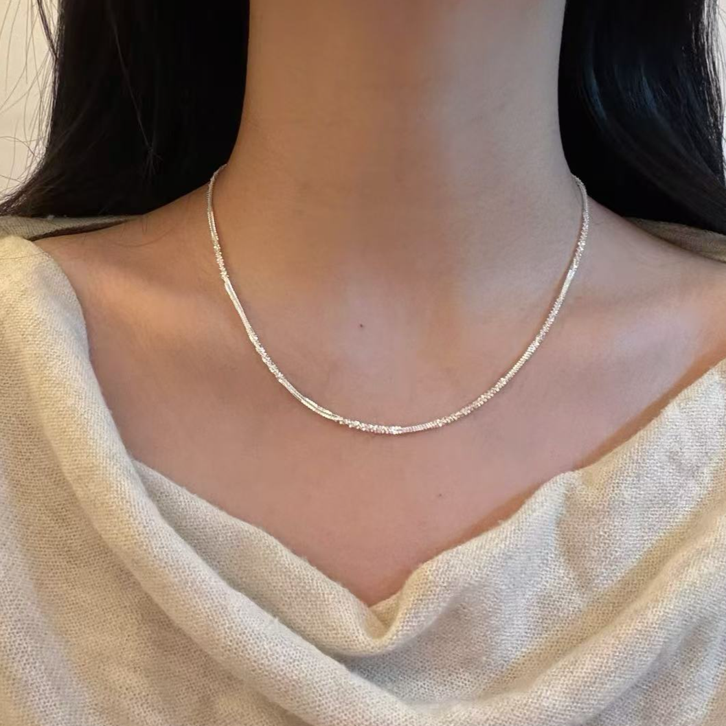 925银银制品 蛇骨链碎银 爆闪银项链素链 叠戴项链 韩系简约项链