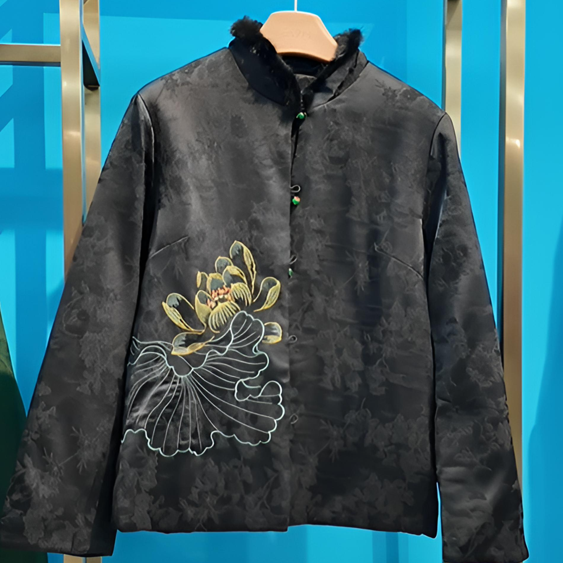 新中式国风设计师暗纹提花刺绣莲花黑色显瘦保暖休闲慵懒短款棉服