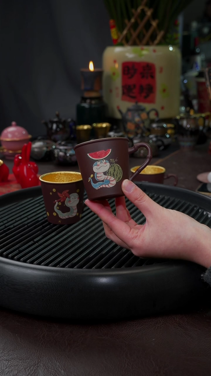【闪购商品】杯【宜景窑紫砂鎏金】手绘蛇西瓜杯子