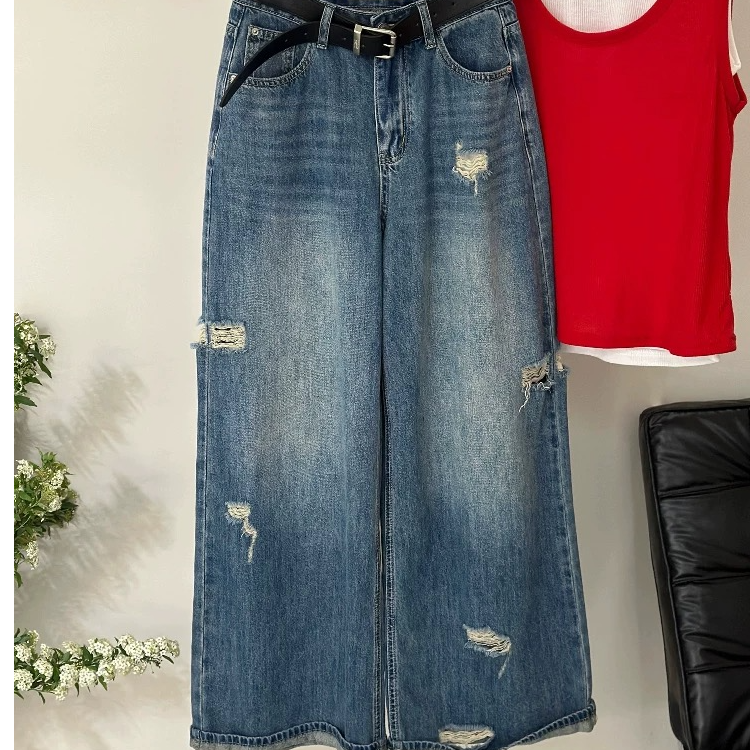 蛋娘专属——慵懒风复古百搭破洞直筒裤时尚休闲宽松显瘦牛仔裤