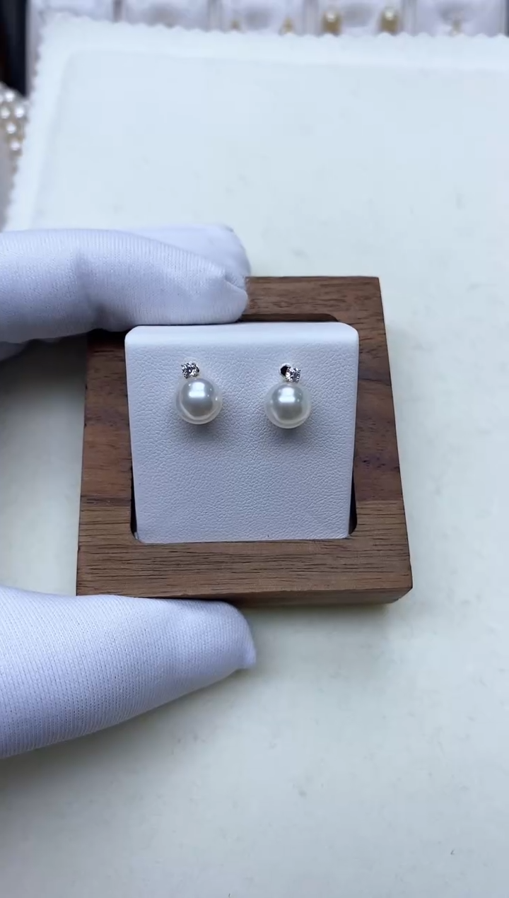 18K金镶嵌海水珍珠耳饰7.5-8mm 海水akoya