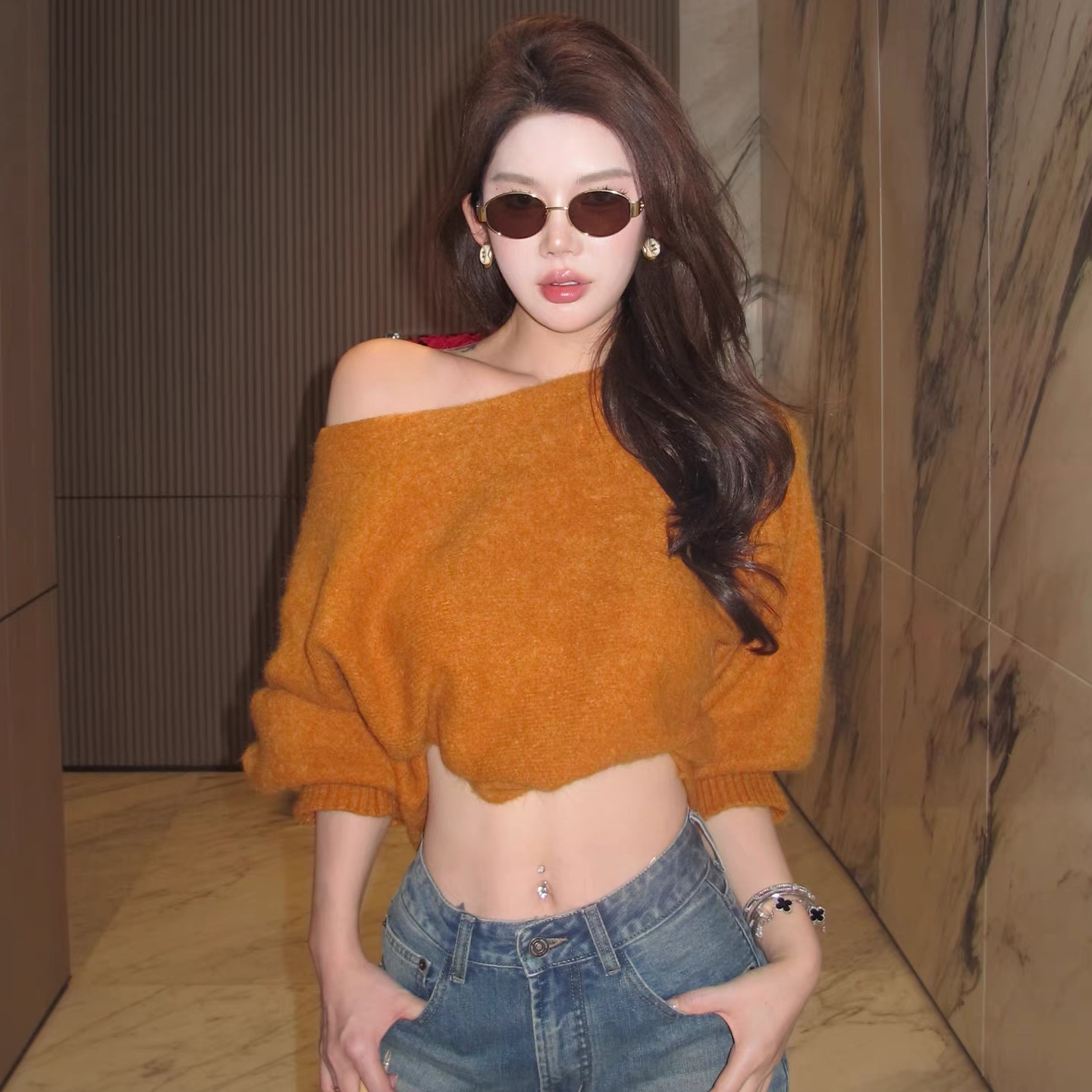 多巴胺软糯露肩毛衣外套女秋冬慵懒宽松显瘦百搭外穿短款针织上衣