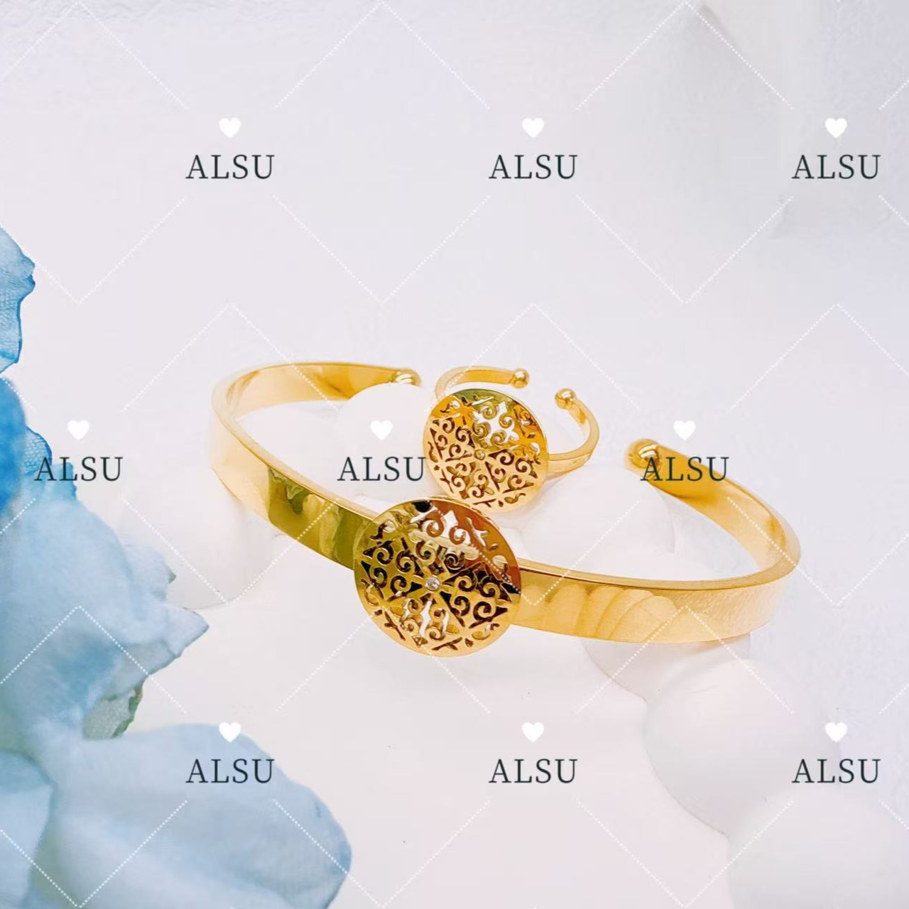 合金手镯 ALSU原创经典款镂空圆民族风手镯戒指两件套时尚轻奢