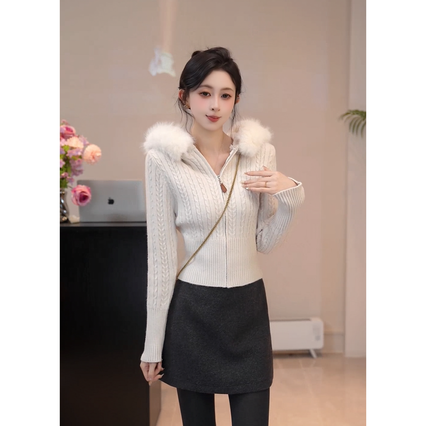 YUANLIANSU/圆脸酥【沉旧寒冬】法式高级感气质拉链连帽针织外套女