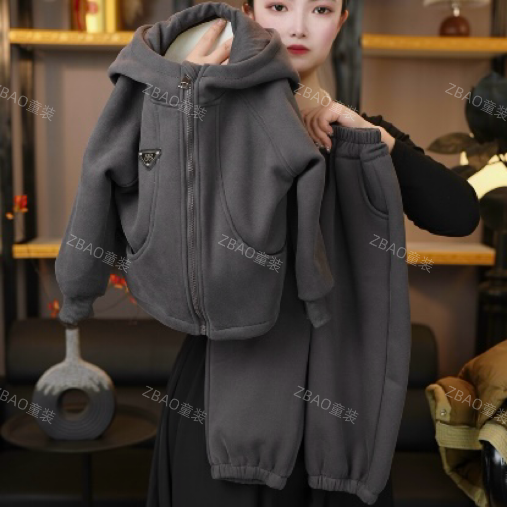 【现货48H】春季时尚韩版加绒休闲宽松不规则儿童连帽休闲套装